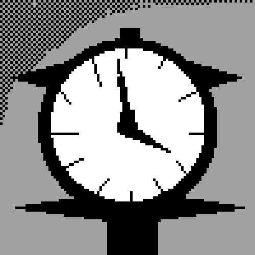 A pixel animation of a clock ticking followed by an eye opening and looking around